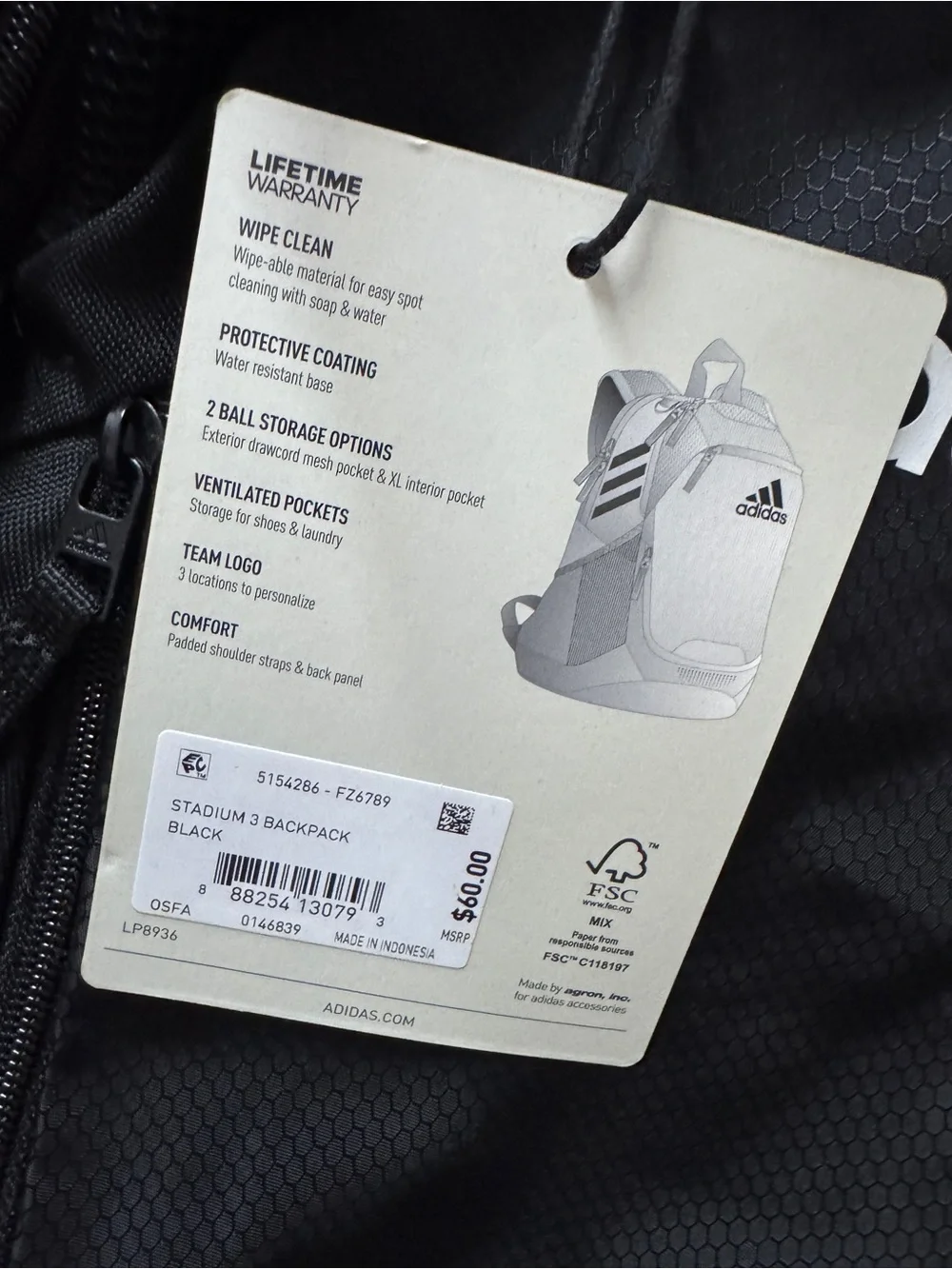 adidas Black Stadium 3 Backpack - Men's- new!